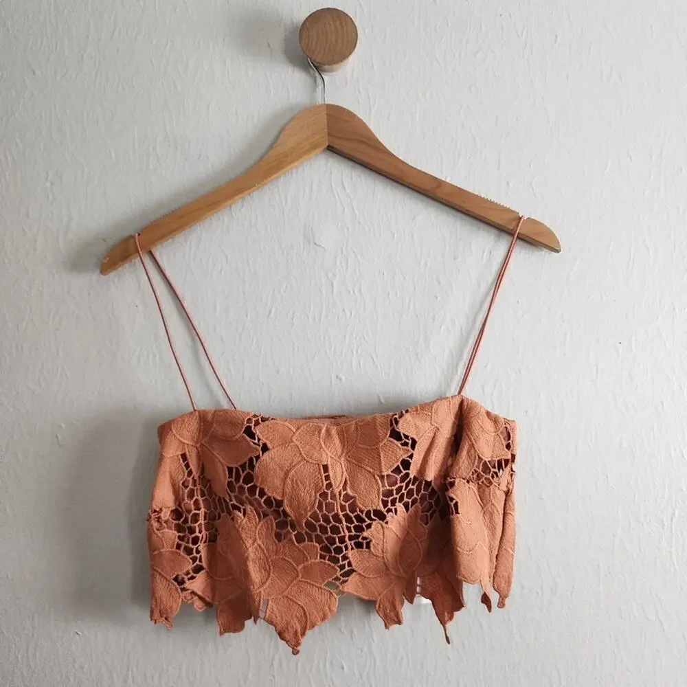 Rumer The Label Tropez Rust Orange Floral Lace Asymmetric Crop Top Medium NWT - Picture 1 of 13